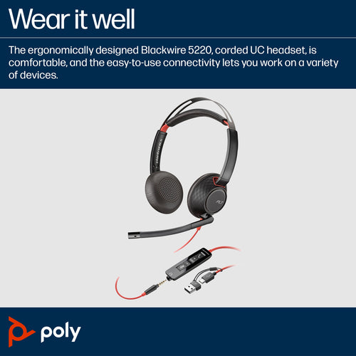 POLY Blackwire 5220 Stereo USB-C Headset +3.5mm Plug +USB-C/A Adapter