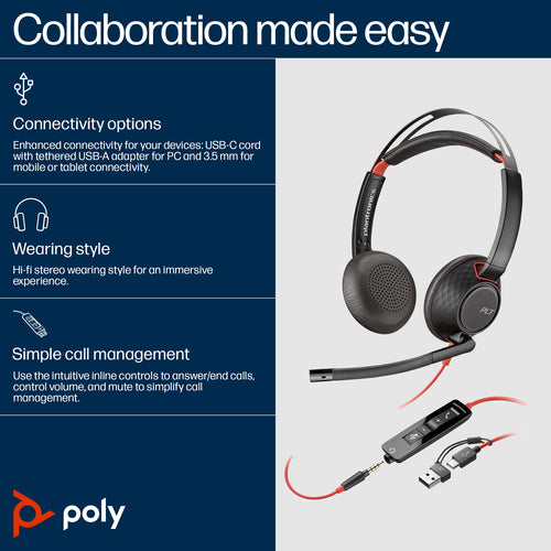 POLY Blackwire 5220 Stereo USB-C Headset +3.5mm Plug +USB-C/A Adapter