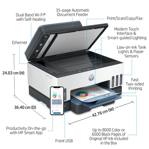 HP Smart Tank 7605 All-in-One, Print, Copy, Scan, Fax, ADF and Wireless, 35-sheet ADF; Scan to PDF; Two-sided printing