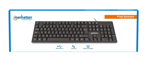 Manhattan Keyboard USB Wired, Black, Full Size Keys, Cable 1.5m, USB-A connection, Plug and Play, Three Year Warranty, Retail Boxed