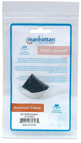Manhattan HDMI Coupler, 4K@60Hz (Premium High Speed), Female to Female, Straight Connection, Black, Equivalent to Startech GCHDMIFF, Ultra HD 4k x 2k, Fully Shielded, Gold Plated Contacts, Lifetime Warranty, Polybag